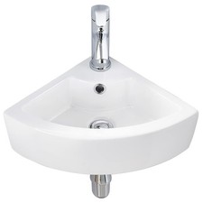 Small Corner Bathroom Sink - White Triangle Porcelain Ceramic Wall Mount Vess...