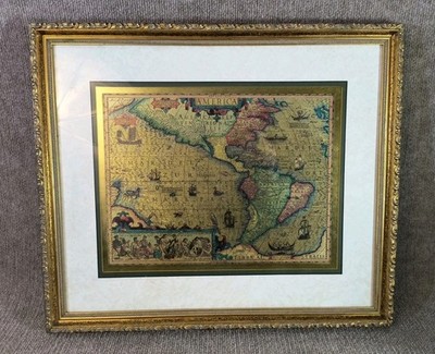 Framed Vintage Map of The Americas Wall Art 21x18 Decorative Old World Print