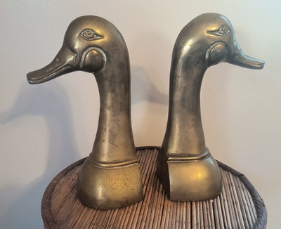 Vintage MCM Brass Duck Head Bookends Taller Set / Pair 8 3/4''
