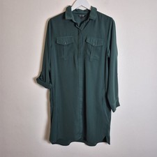 Topshop 12 Dark Green Roll Sleeve Relaxed Shirt Dress Button Up Collar
