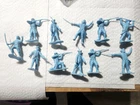 11 VINTAGE MARX REVOLUTIONARY WAR BLUE COLONIAL SOLDIERS JOHNNY TREMAIN PLAYSET.