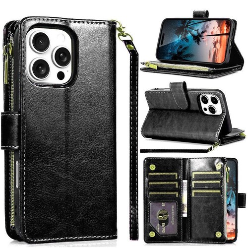Pour iPhone 16 Pro Max Plus Étui Faux Cuir Portefeuille Carte ID Fermeture Éclair Porte Monnaie - Photo 7 sur 34