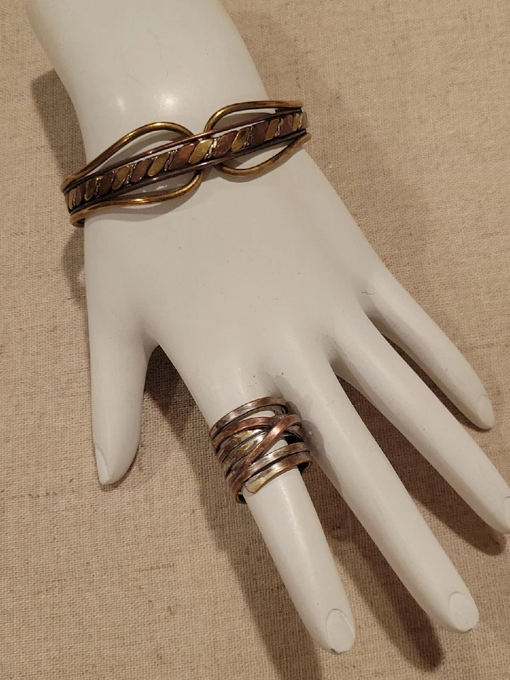 Brazalete y anillo tejido trenzado tricolor cobre latón hierro talla 6 vintage 70' Foto 3 de 4