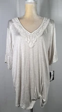 I.N. Studio Women Blouse Tunic 2X Shirt Top Short Sleeve Stretch Boho Lace Beige