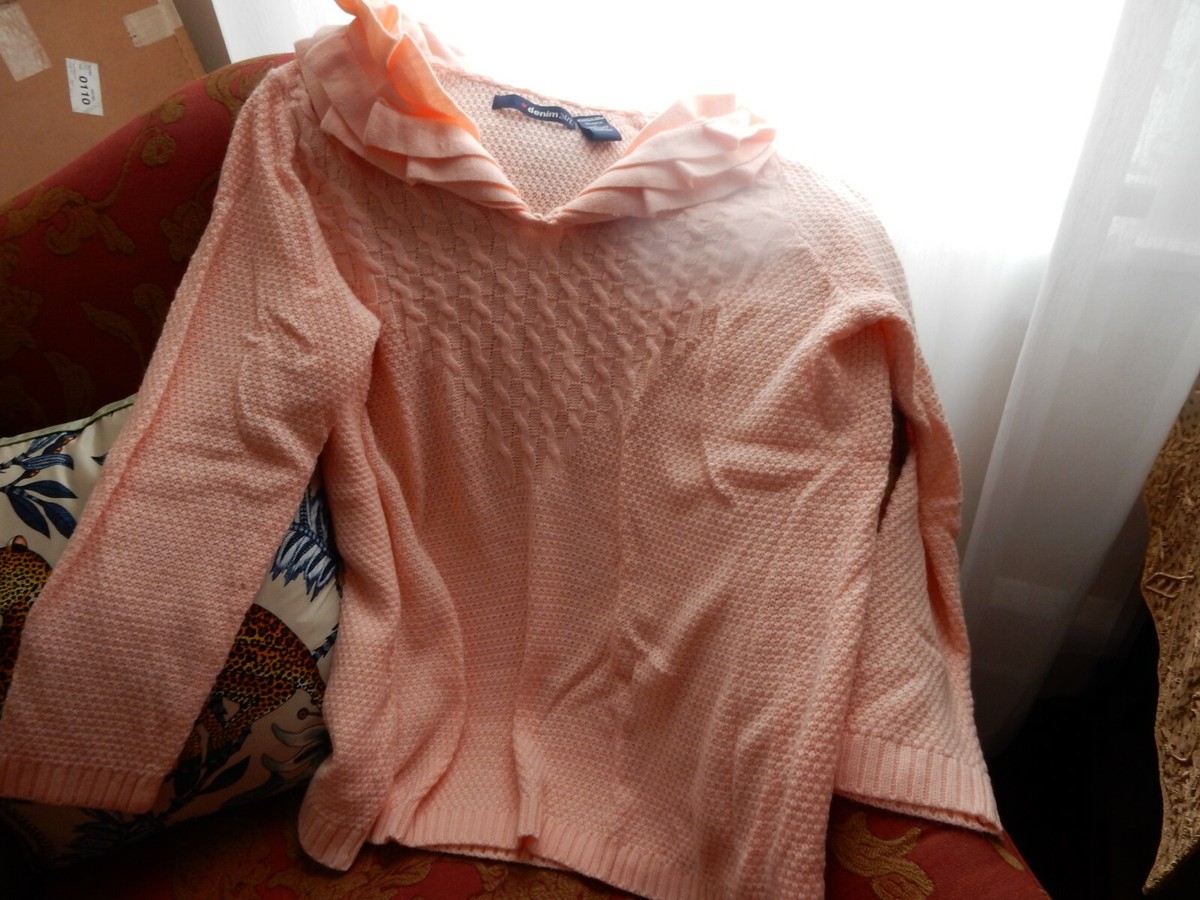 DENIM 24/7 SWEATER WOMEN'S LARGE PALE BLUSH PEACH PINK RUFFLED COLLAR CABLE  NEW
