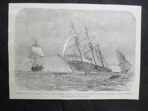 1884 Civil War Print - Sinking of Confederate Warship Alabama by USS Kearsarge