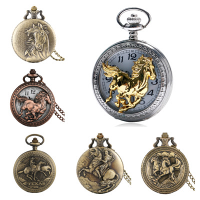 Vintage Pferd Taschenuhr Retro Quarzwerk Uhren mit Kette für Männer Geschenk