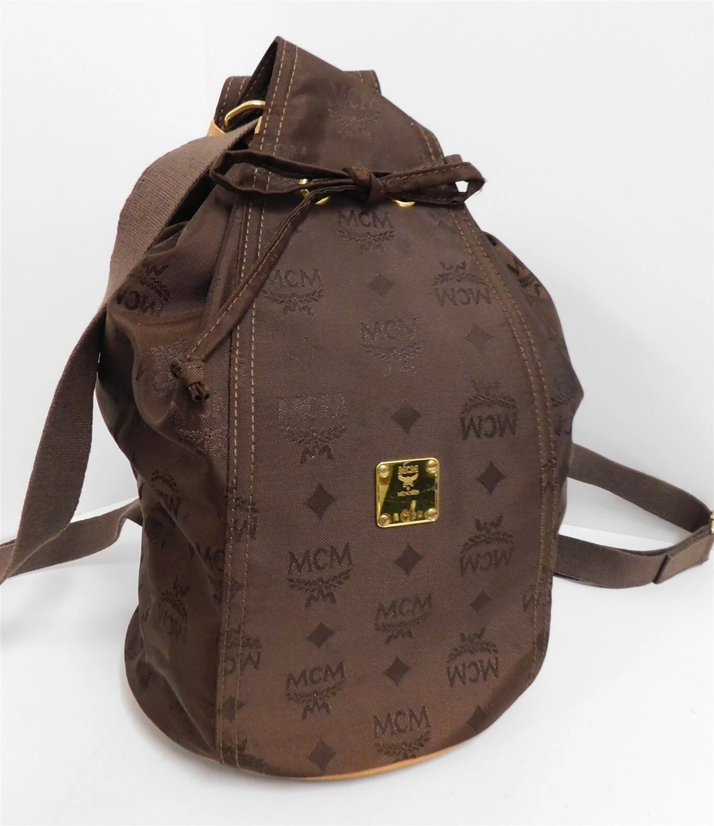 MCM Vintage Brown Logo Nylon Leather Drawstring Sling Backpack Bag