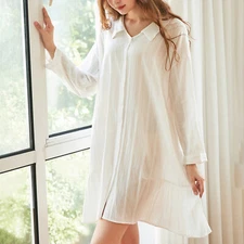 Womens Cotton Button Down Sleep Shirt Long Sleeve Pintuck Ruffle Soft Nightshirt