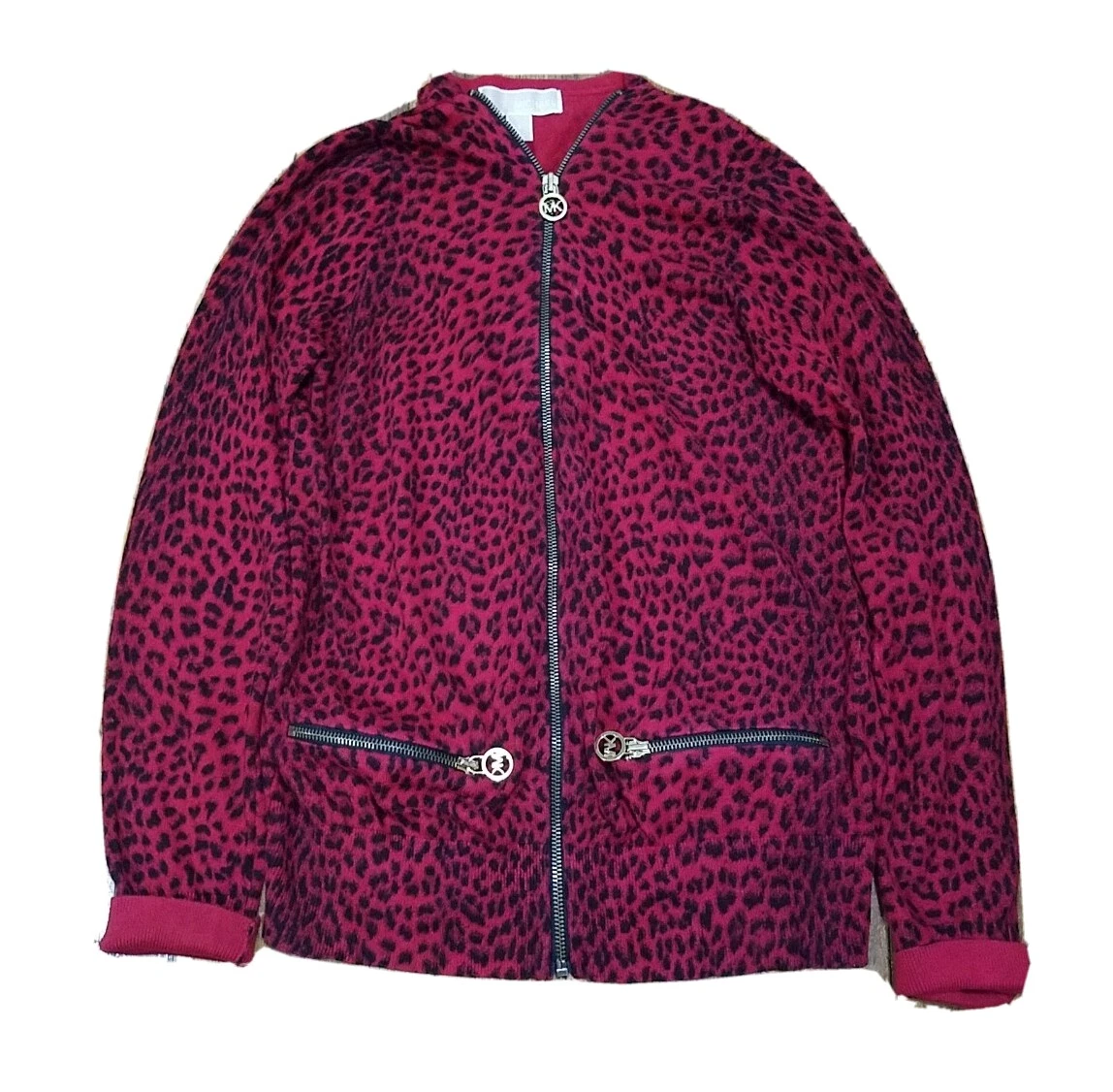 Michael Kors Red Animal Print Zip Up Sweater Jacket Size Small Zip Pockets