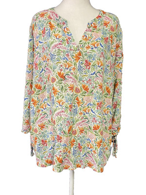 Jones New York Womens Blouse 2X White Floral Boho Peasant Long Sleeve Rayon