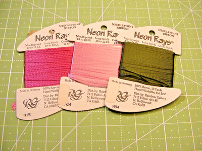 3x Neon Rays Needlepoint Ribbon rayon Rainbow Gallery pink green
