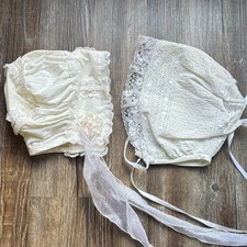 Baby Bonnets Lot of 2 White Hats Lace Bows Ribbon Prairie Cottage Coquette VTG
