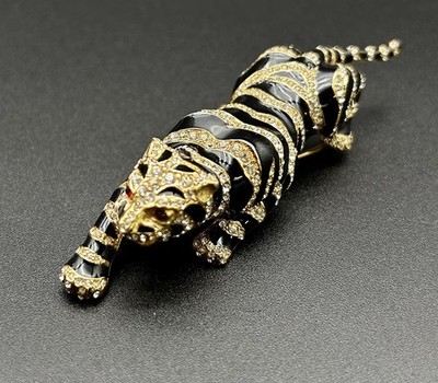 Vintage Signed CINER Tiger Brooch | 18k Gold Plated & Black Enamel Pave Crystal