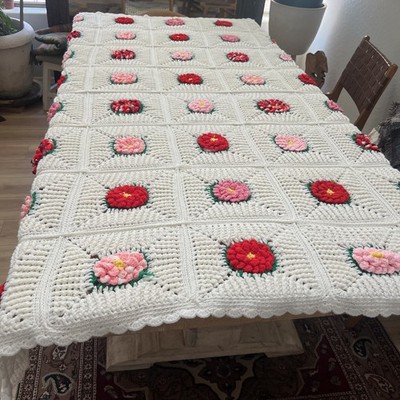 Handmade Crochet White/ Multicolor Square Pattern Floral Throw Blanket 55'' x 84''