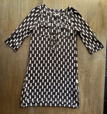 Diane Von Furstenberg Bosana Dress Geometric Brown Cream 3/4 Sleeve Size 0