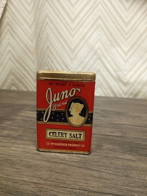 VINTAGE JUNO BRAND CELERY SALT SPICE TIN THE MC CLINTOCK-TRUNKEY CO, Spokane, Wa