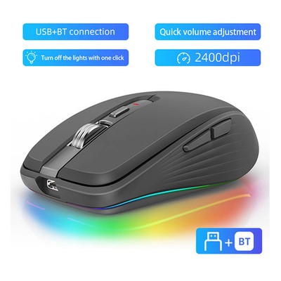 Dual Mode Wireless Mouse 2.4G BT5.1 Rechargeable RGB 2400 DPI Gaming Ergonomic