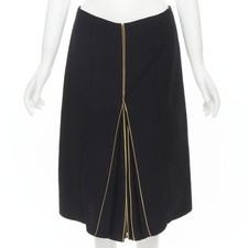 MARNI black wool gold piping flared vent knee skirt IT40 S