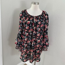Chaps Womens Plus 2X Floral Tunic Top Boho Blouse Ruffle Bell Sleeve