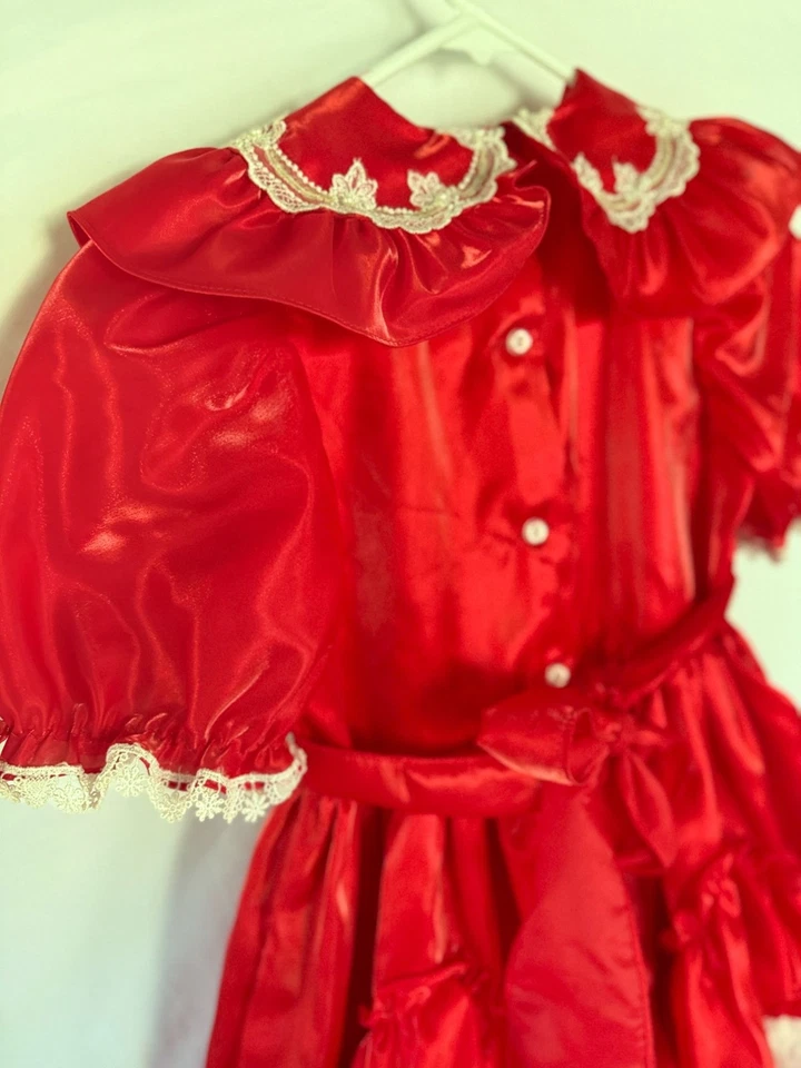Vintage Red Lace Ruffled Party Dress Full Circle Handmade Girls Size 5/6 - Image 4 of 4