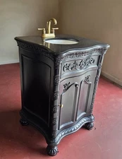 Vtg Revamped Granite Top Orig. Brass Faucet Bathroom Vanity  Sink Cabinet Black