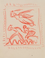 B. BURGER (1892-1968), Flucht über Panzersperren, Buntstift Symbolismus Militär