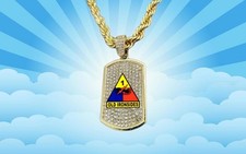 Deluxe Iced Bling Gold CZ Tank Armored Division Dog Tag Old Ironsides Chain US