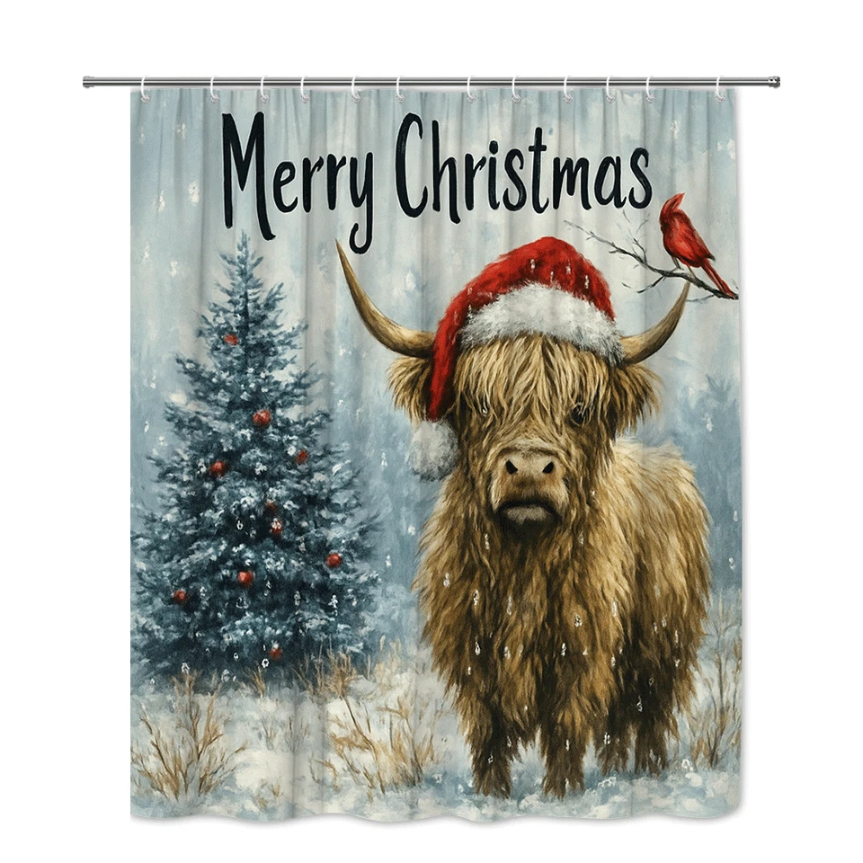 Cortina de ducha Feliz Navidad con vaca Highland y árbol nevado Foto 4 de 4