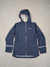 Patagonia Rain Jacket Youth 10 Blue Hooded Waterproof Reflective Zip Pockets