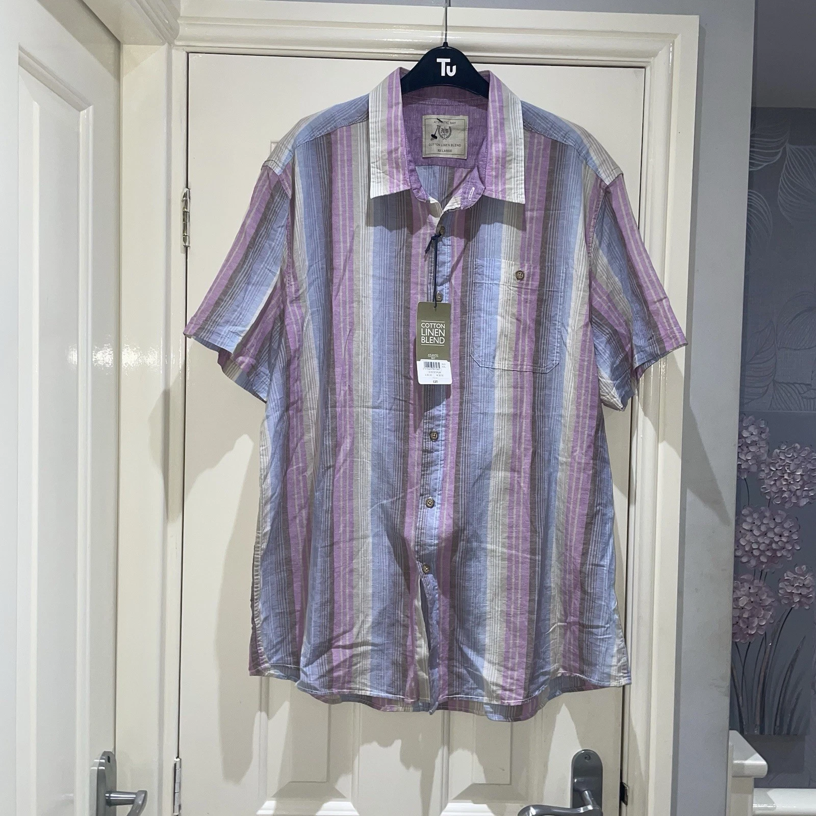 Atlantic Bay Mens Purple Blue Colourful Stripe Cotton Linen Summer Shirt XXL New