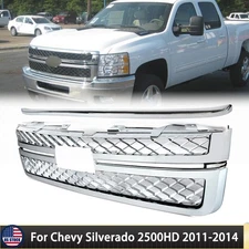 Grille Assembly For 2011-2014 Chevy Silverado 2500HD 3500HD Chrome Hood Trim