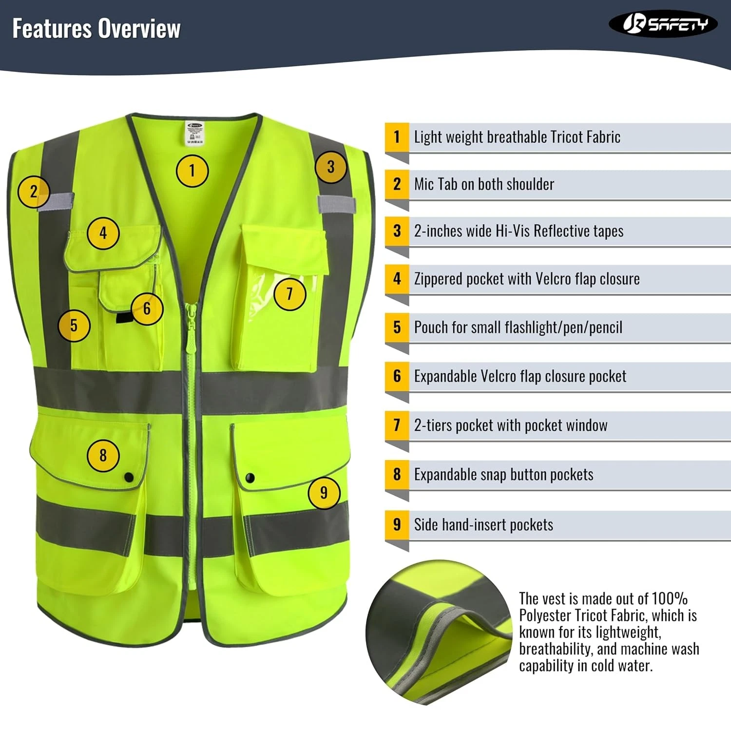 Men's Women's Large Yellow Reflective Hi Vis Safety Vest for Men Women Kids - product detail image 3