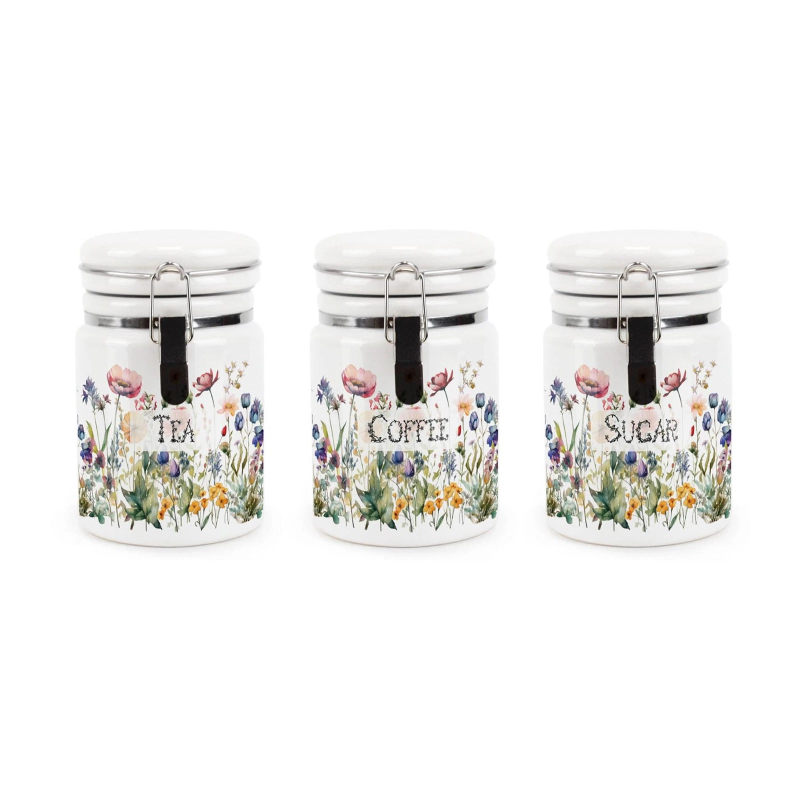 Ceramic Clip-Lid Wildflowers Canisters - Tea, Coffee & Sugar Containers
