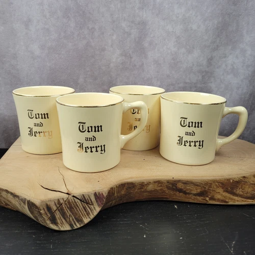 Homer Laughlin Tom and Jerry Holiday Gold on Ivory Cups Mugs 4 Pc Set 1950s 6 oz