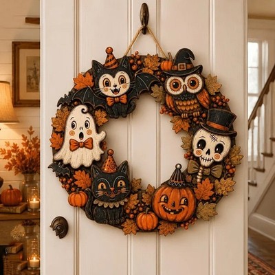 Halloween Wooden Wreath Sign   Ghost, Black Cat, Owl, Pumpkin & Skull Hanging Pl
