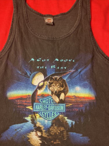 Harley Davidson Sz M Cut Above Rest Tank Top Vintage 90s 98 97 VENTURA Wolf Flag