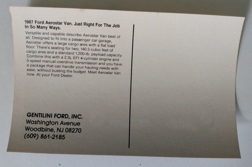 Cartolina promozionale concessionaria furgone Ford Aerostar 1987 Gentilini Ford Woodbine, NJ - Foto 2 di 2