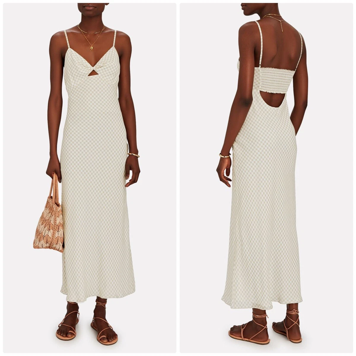 INTERMIX Dress Womens 00 Silk Maxi Gingham Slip White Beige Check