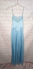 Vintage Lily of France Nightgown Baby Blue Satin Lingerie Long Lace Tie Back M