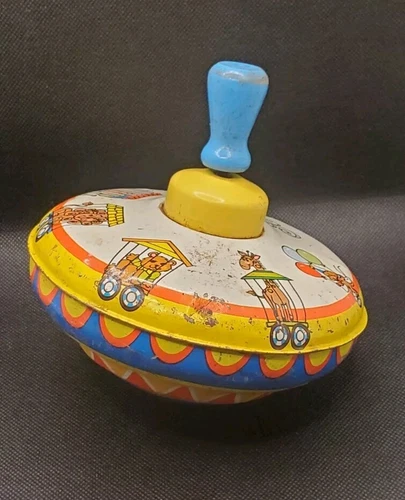 Vintage Spinning Top Metal Tin Toy Circus Train Ohio Art