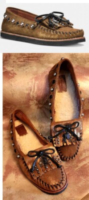 COACH Metallic Gold Bronze Roccasin Studded Leather Shearling Moccasin Loafer 7