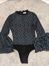 Topshop Embroidered Patterned Navy bodysuit long sleeve sheating panties Size 8
