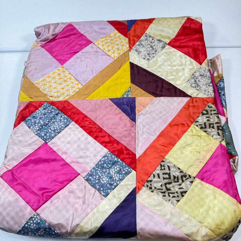 vintage handmade quilt twin stain silky diagonal 9 patch square rustic primitive - Image 2 of 4
