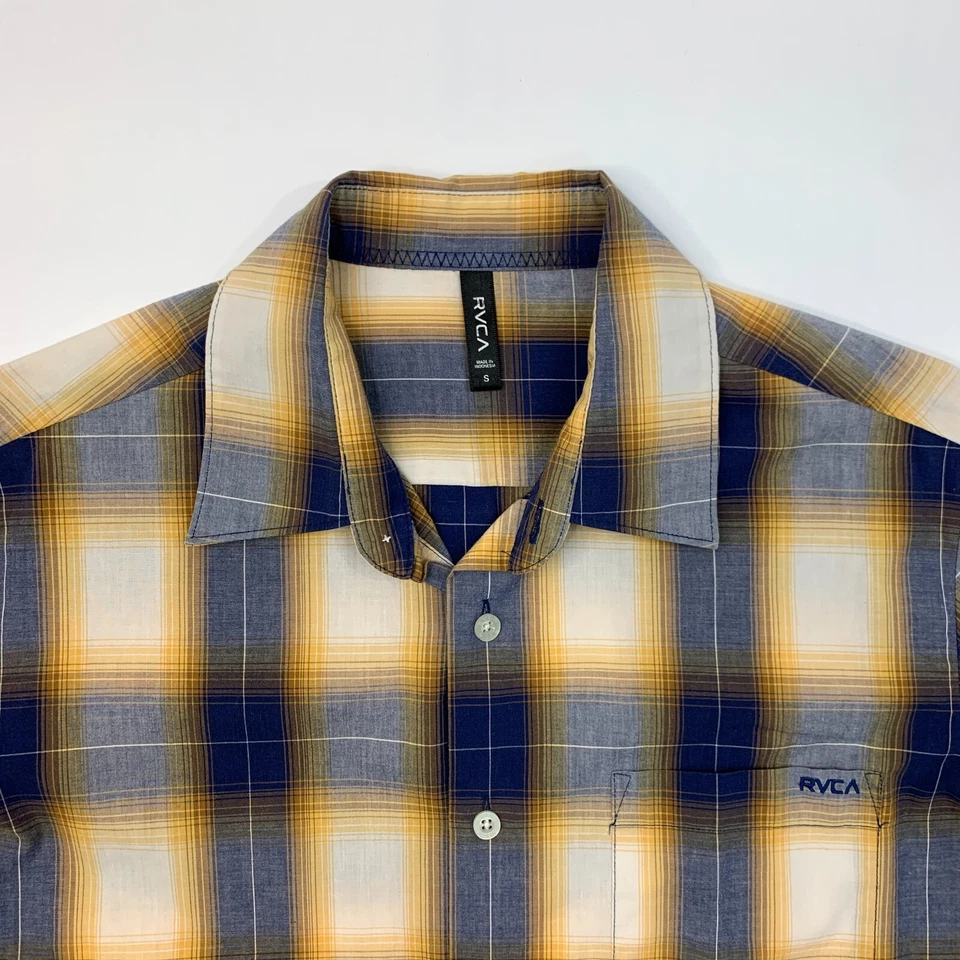 RVCA Shirt Mens S Small Yellow Blue Plaid Button Up Short Sleeve Drop Cut Pocket - Image 3 of 4