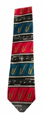 D'em Crazy Musical Theme Neck Tie Music Notes Saxophone Repeat Red Blue Black
