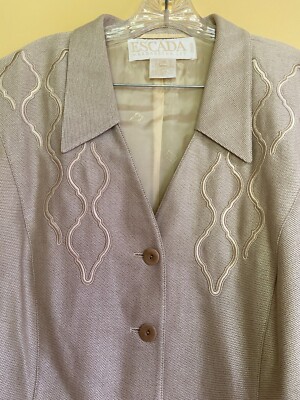 ESCADA VINTAGE LONG BLAZER WOOL SILK IN BEIGE RIBBON EMBROIDERY 44 WEST GERMANY