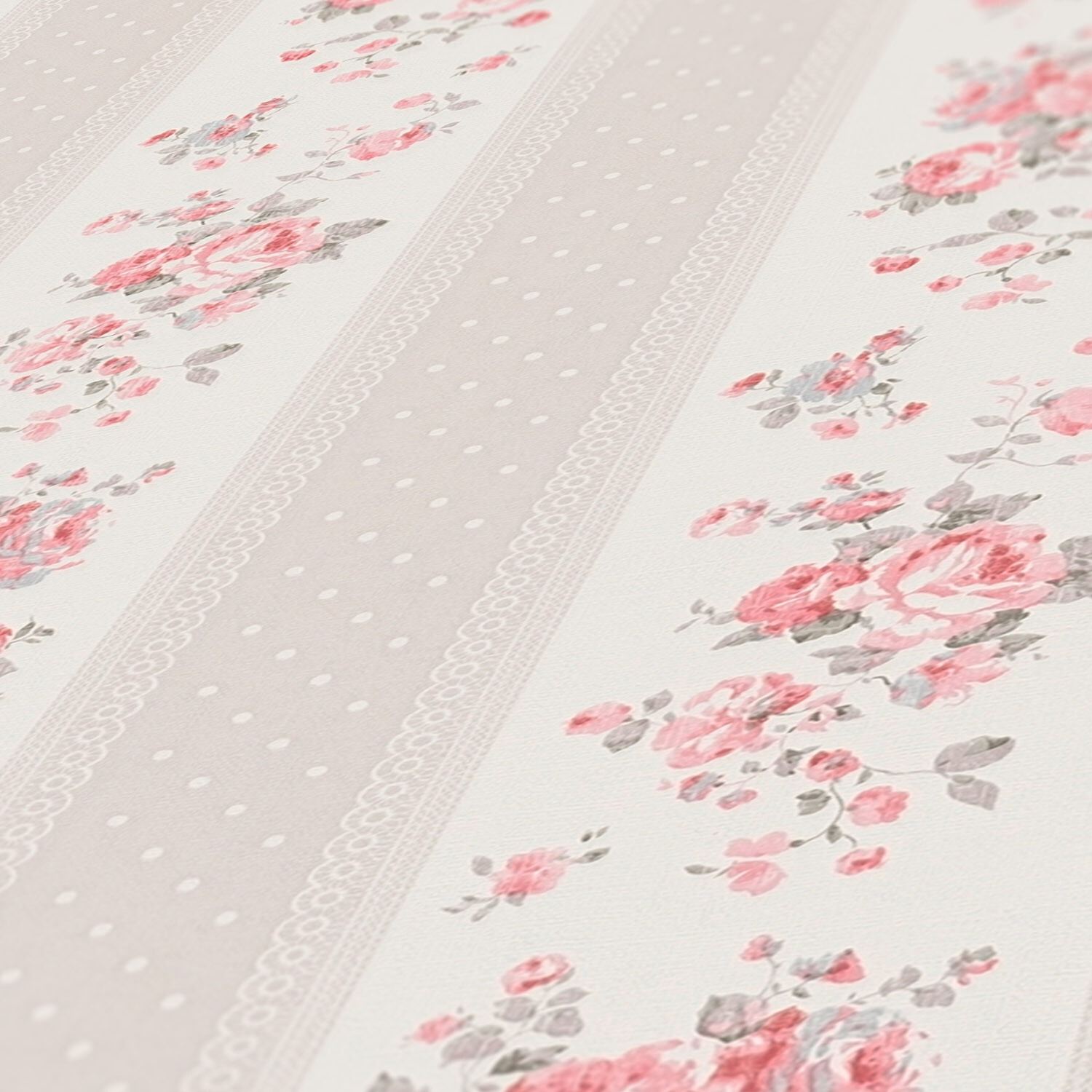 Non-woven wallpaper beige white pink stripes flowers dots 39069-4 (3,77£/1qm)