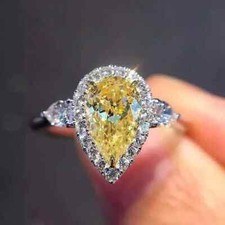 Sparkle Yellow Citrine With Shiny White Cubic Zirconia Three Stone Halo Ring