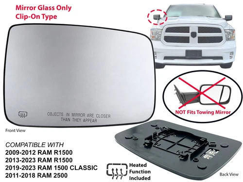 Mirror Glass Power Heated 2009-2023 RAM 1500 2011-2018 RAM 2500 Passenger Side